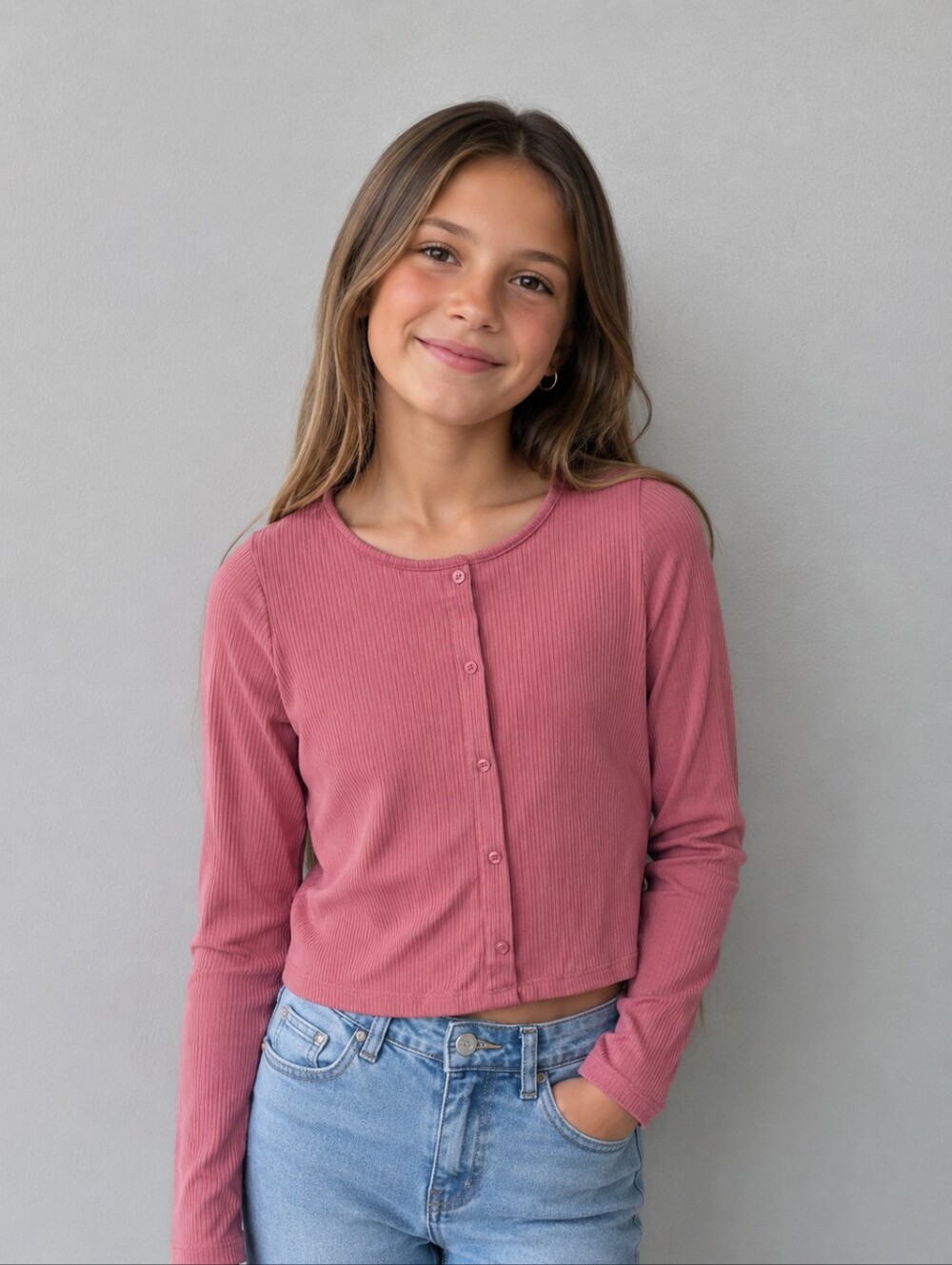 *NWOT* Melrose and Market Girls' Rose Ribbed Button-Back Long Sleeve Top